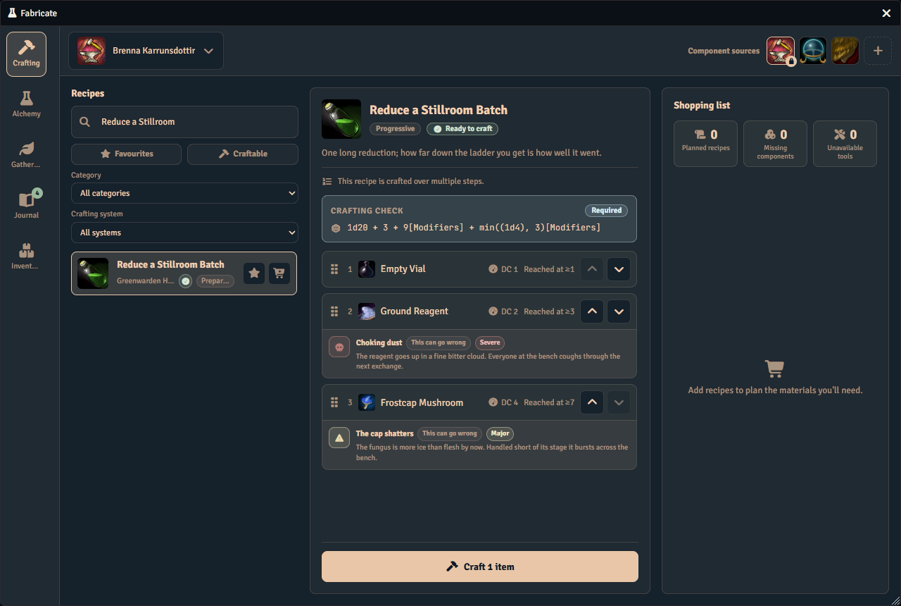 A progressive recipe selected in the Crafting tab, showing each ordered result, the roll it is reached at, and what can go wrong along the way.