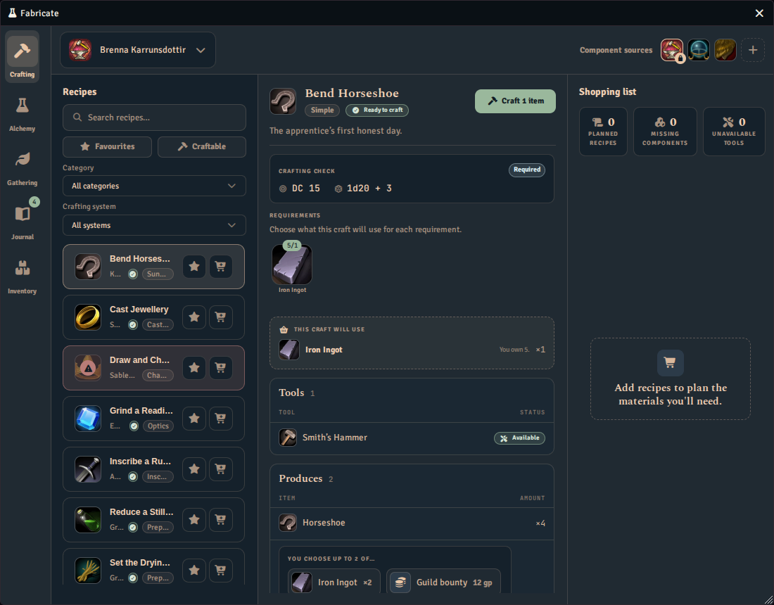 A recipe in the player Crafting tab whose produced results include a group headed You choose up to, listing the alternatives the player may take.