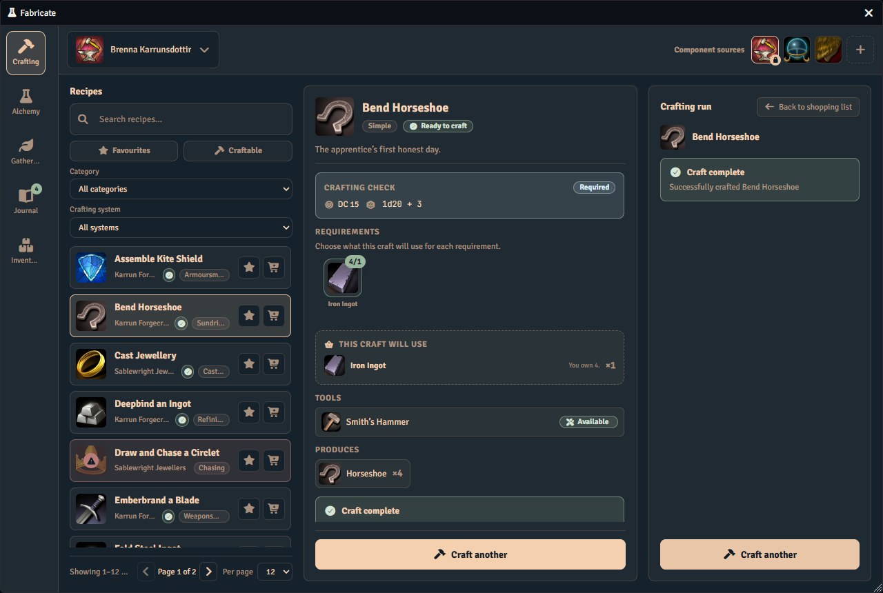 A finished craft in the Crafting tab, showing the check that was rolled, what the craft used, what it produced, and a Craft complete confirmation.