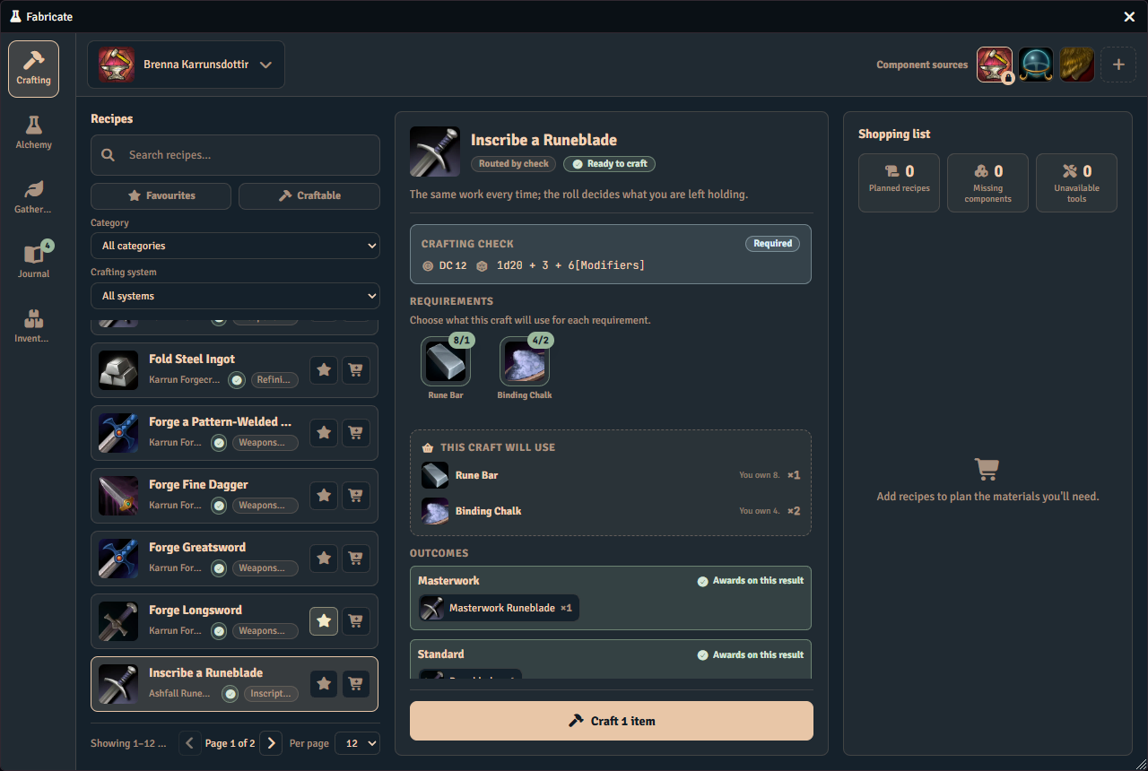 A recipe routed by check selected in the Crafting tab, showing the outcome tiers the roll can land in.