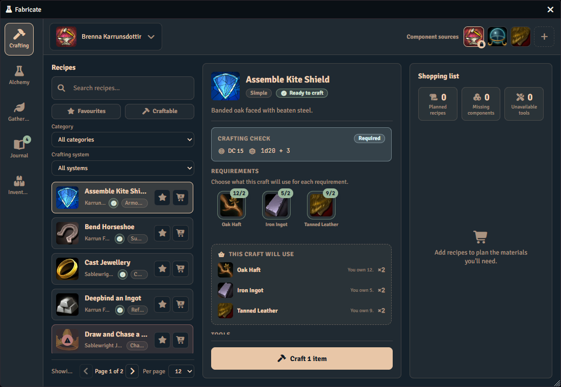 The Crafting tab with a simple recipe ready to craft and its requirements already satisfied.