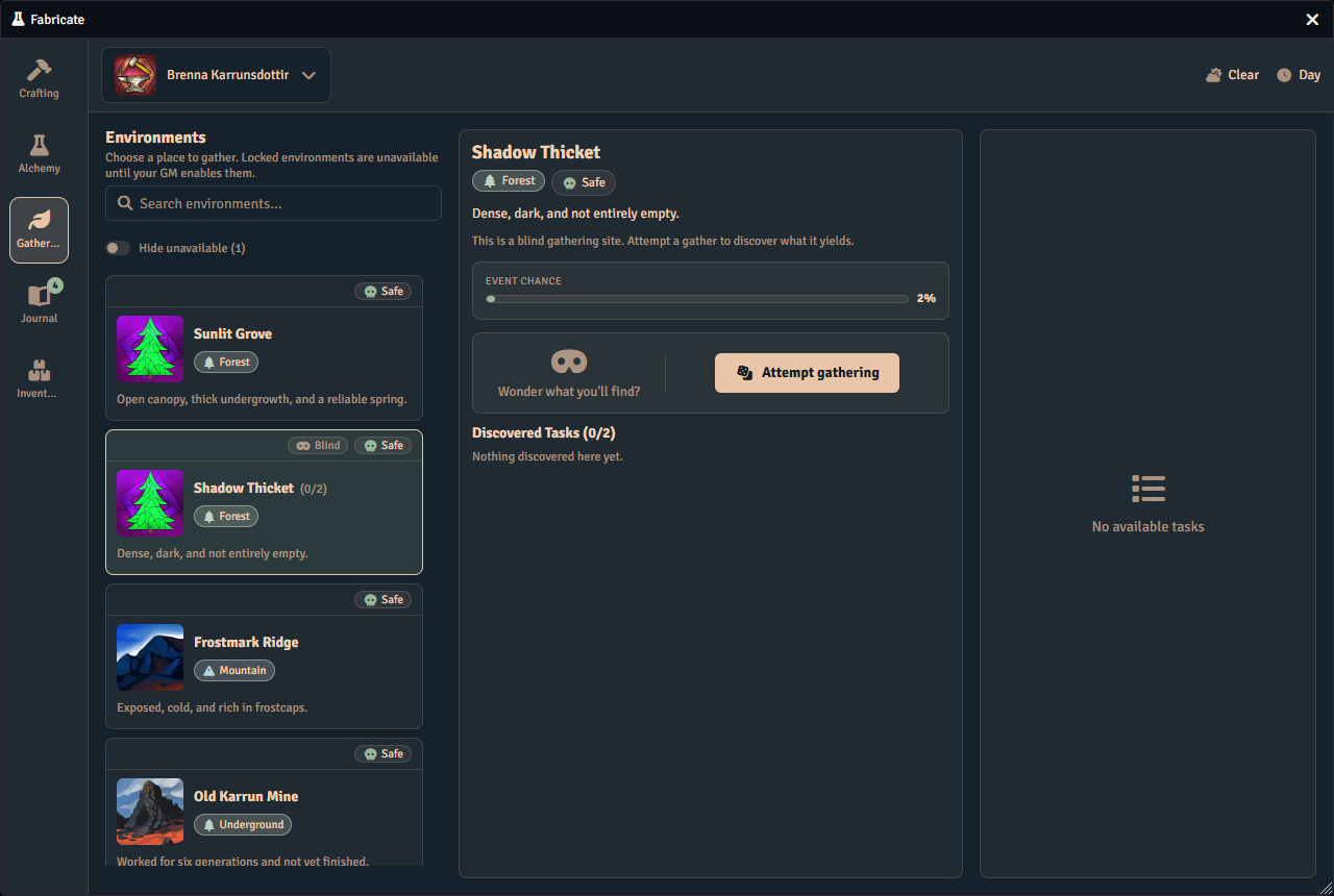 The player Gathering tab with the blind environment Shadow Thicket selected. A single Attempt gathering action stands in place of task rows, a discovered tasks heading reads zero of two with nothing found yet, and the panel on the right reads no available tasks.