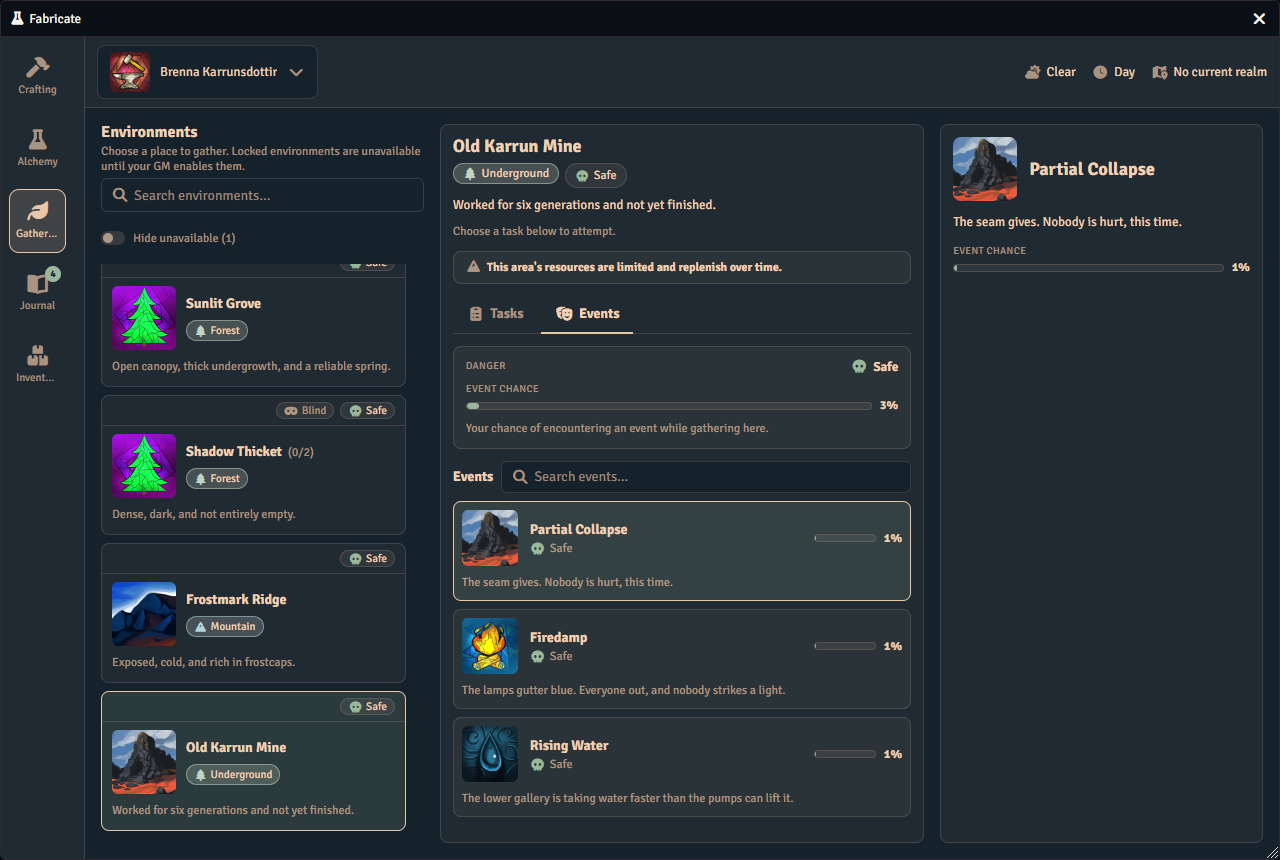 The player Gathering tab with the Old Karrun Mine detail column on its Events tab. The environment's danger level and event chance sit above a searchable list of three events, and the panel on the right shows the selected event with its own chance.
