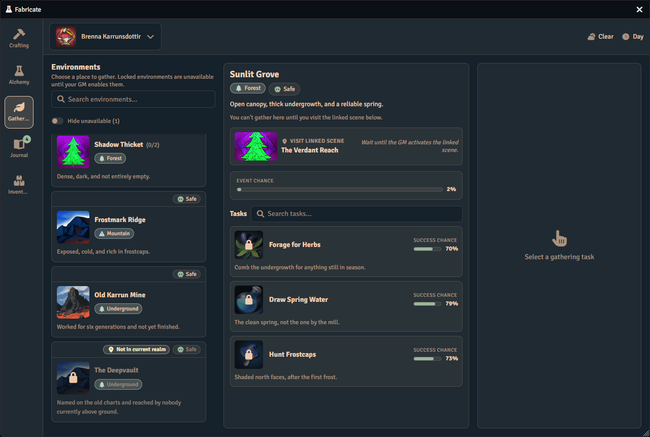 The player Gathering tab with a realm-locked environment called The Deepvault in the environment list, greyed out under a not in current realm pill with a padlock over its image. The environment open in the detail column beside the list is blocked for a different reason, a linked scene the character has not visited.
