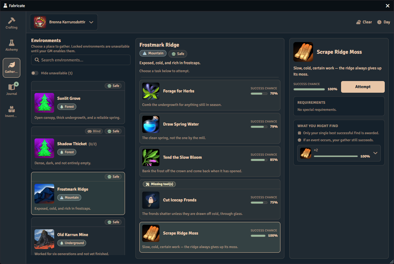 The player Gathering tab with Frostmark Ridge selected. Its task rows each carry a success chance, and the panel on the right shows the chosen task with an Attempt button, a requirements card reading no special requirements, and what the task might yield.