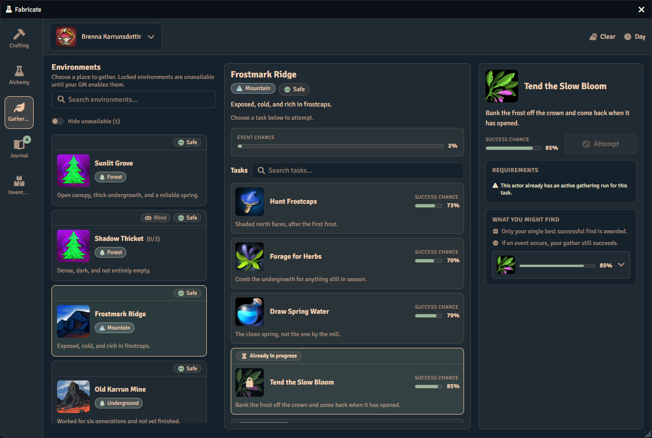 The player Gathering tab showing a timed task the selected character has already started. Its row carries an already in progress pill and a padlock, the Attempt button is greyed out, and the requirements card on the right says this actor already has an active gathering run for this task.