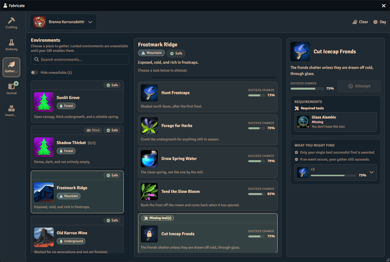 The player Gathering tab showing a task the selected character cannot attempt. Its row carries a missing tools pill and a padlock, the Attempt button is greyed out, and the requirements card on the right lists a required Glass Alembic marked missing.