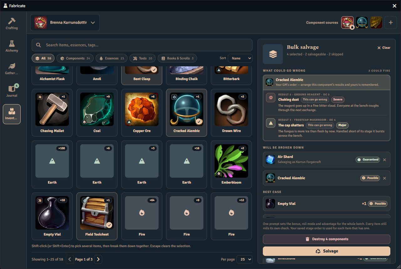 The Inventory tab with four items selected at once and the bulk salvage panel beside them, showing what could go wrong, which of the selection will be broken down, and the best case the batch could return.