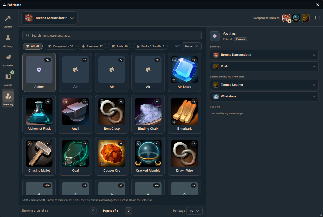 The player Inventory tab: a filterable grid of the character's items with quantity badges, beside the selected item's sources and the components that contribute to it.