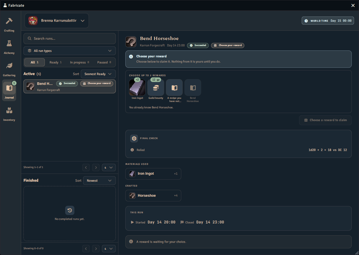 A Journal run waiting on a reward, with the alternatives offered as tiles under Choose your reward and a note that the reward is waiting for the player's choice.