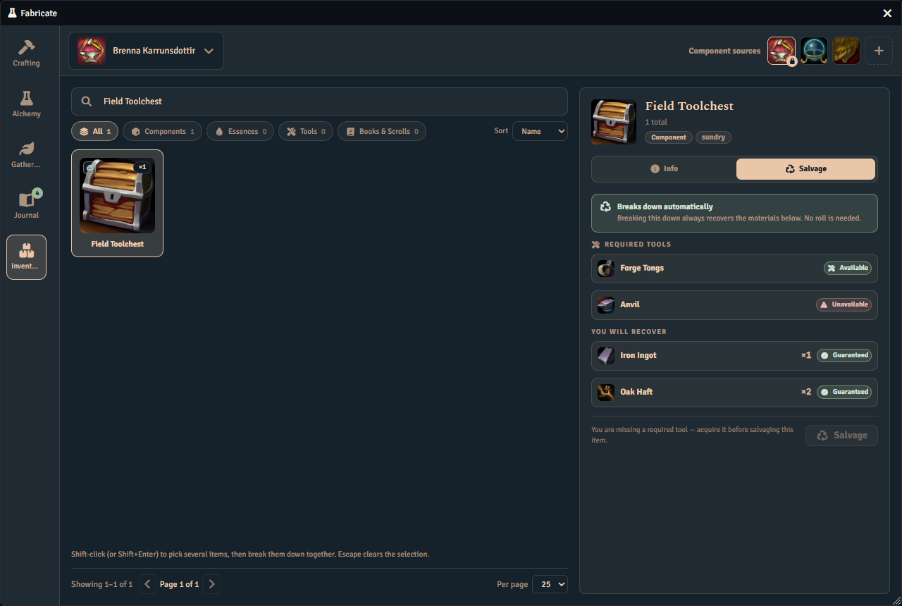 The salvage view for an item whose salvage needs tools, showing which tools are required and whether the character has them.