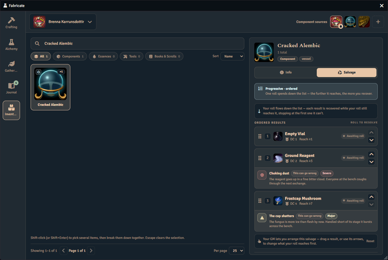 The salvage view for a selected item in the Inventory tab, listing the ordered results a roll can reach, the difficulty of each, and what can go wrong along the way.